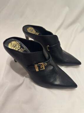 Vince Camuto Maskelynn Black Leather Pointed-Toe Buckle Mules